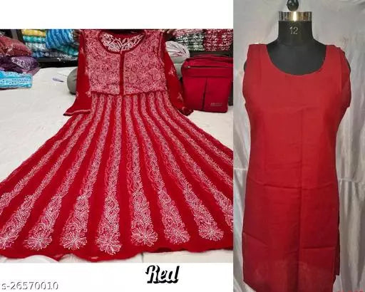 Hand  Embroidered Chikankari Chiffon Anarkali Kurti with Camisole Inner
