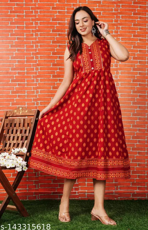 Shree Ganesh fashion's Rayon Anarkali Printed Maroon Dresses for women