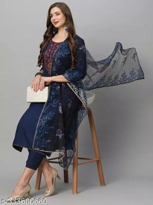 Anni Designer Women's Navy Blue Cotton Blend Straight Embroidered Kurta With Trousers & Dupatta