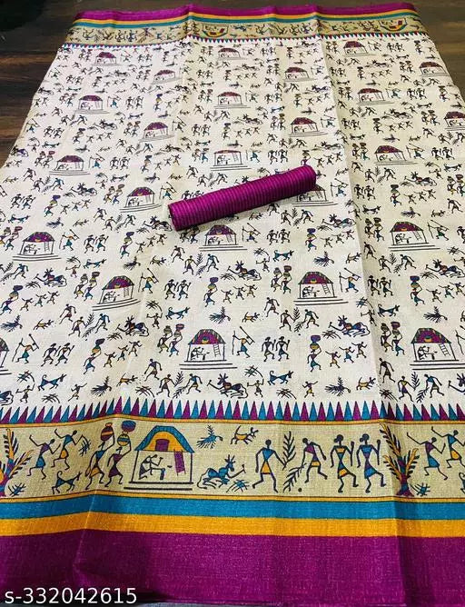 WARLI PRINTED KHADI SILK BLENDED LIGHT WEIGHT COMFERTABLE WEAR DESIGNER SAREE WITH BLOUSE