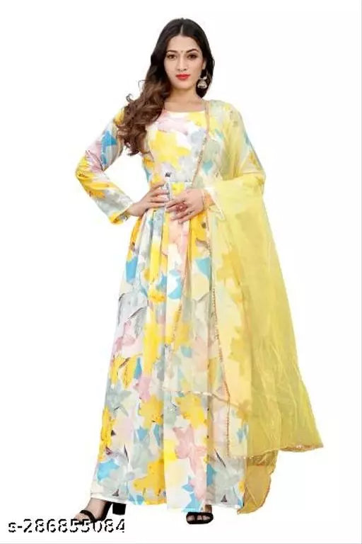 QVAZOR Stylish Fancy Trendy Printed Georgette Gown For Women For Party Wedding Festival Functions