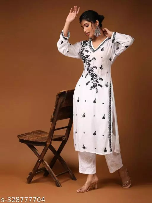 Anni Designer Women's White Cotton Blend Straight Chikankari Floral Embroidered Kurti