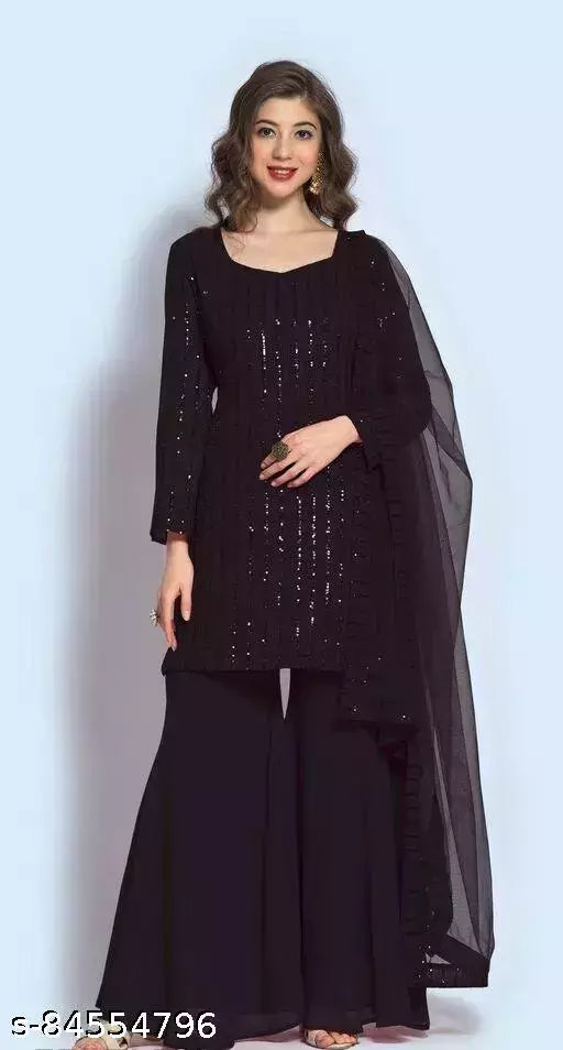 NV DESIGNER Women's Faux Georgette Seqance Embrodrey Work Unstiched Top With Full Stiched Sharara and dupatta