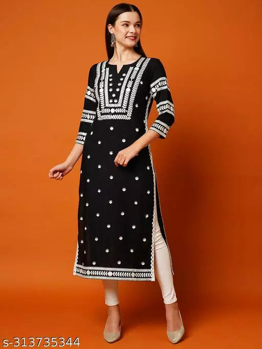 Anni Designer Women's Black Straight Floral Embroidered Chikankari Kurti