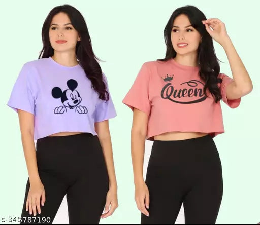 Trendy Feminine Printed Crop Tshirt Round Neck Top For Womens