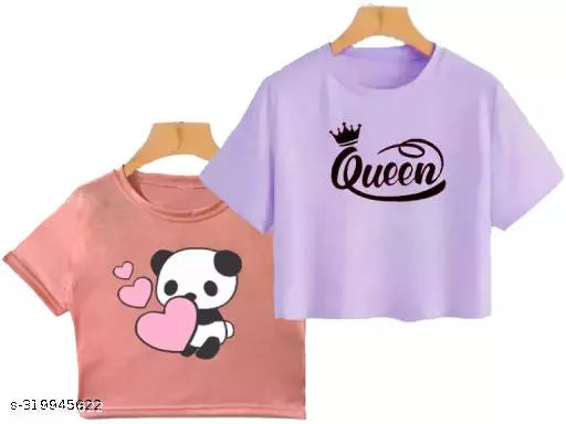 Trendy Feminine Printed Crop Tshirt Round Neck Top For Womens (Combo2)