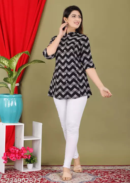 Shree   Fashion White  Pink Rayon Zigzag Print Top