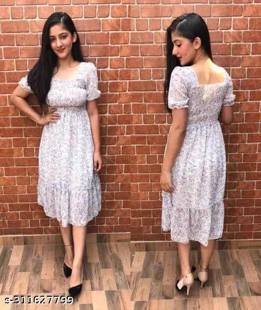 White_Kansai_GEORGETTE PRINTED  MIDI DRESSES FOR LADIES