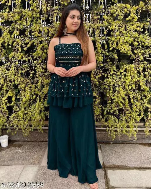 Teal Georgette Off-Shoulder Gown/ Kurta Set with Embroidered Sequences with Palazzo and Dupatta: A Fusion of Traditional Elegance and Modern Style for Summer Weddings and Parties