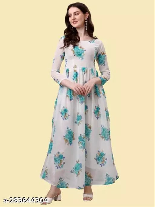 QVAZOR Stylish Fancy Trendy Printed Georgette Gown For Women For Party Wedding Festival Functions