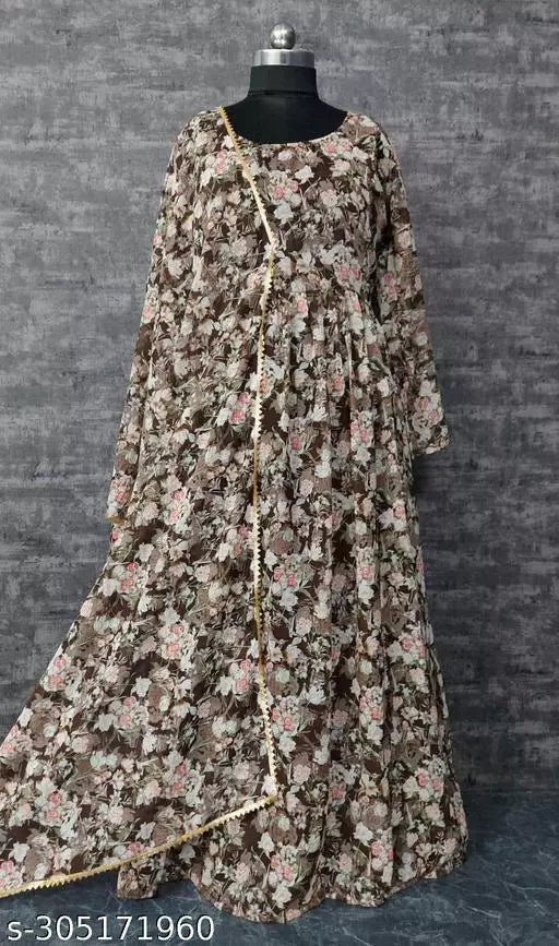 QVAZOR Stylish Fancy Trendy Printed Georgette Gown For Women For Party Wedding Festival Functions