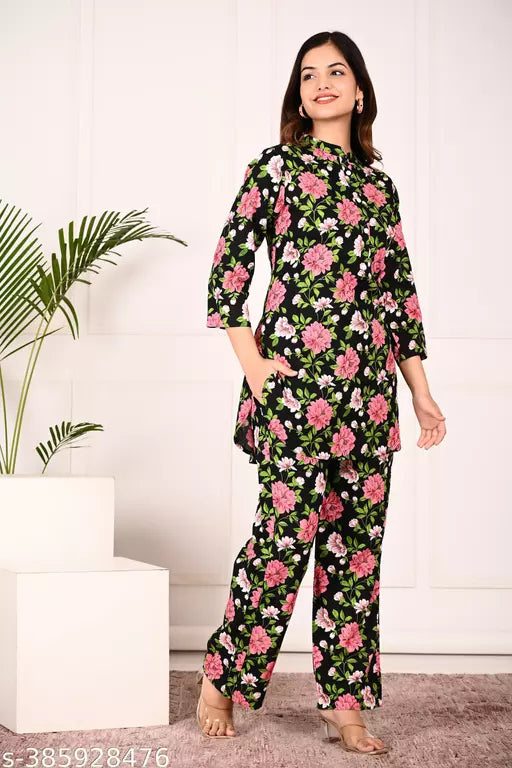 Febq Womens Designer Print Co-Ord Set Relaxed Fit for Women- Two Piece Co Ord Set Top & Pant 