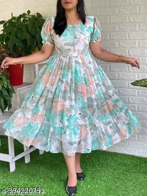 STYLISH GEARGETTE FABRIC LONG PLATTING DRESSS
