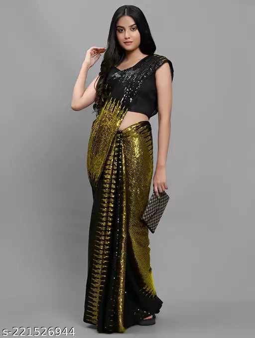 SHINE SUPER HIT YELLOW DESIGNER SEQUANCE Georgette  SAREES BY KRADDLE