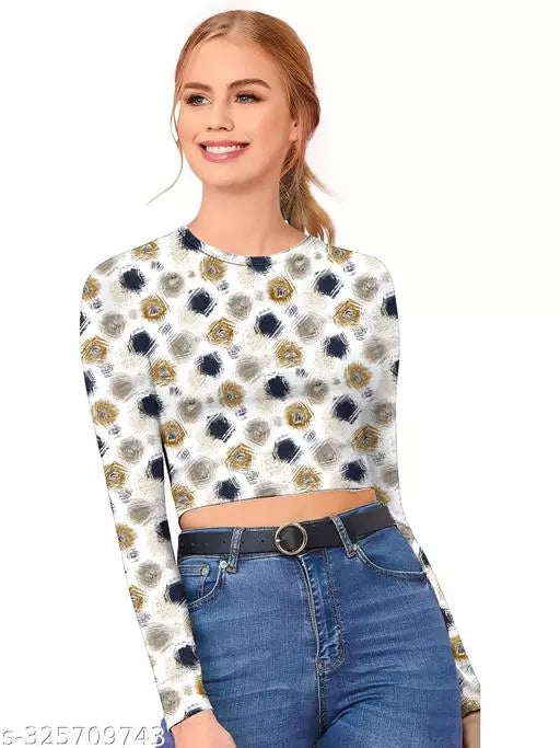 Western Printed Round Neck Crop Top