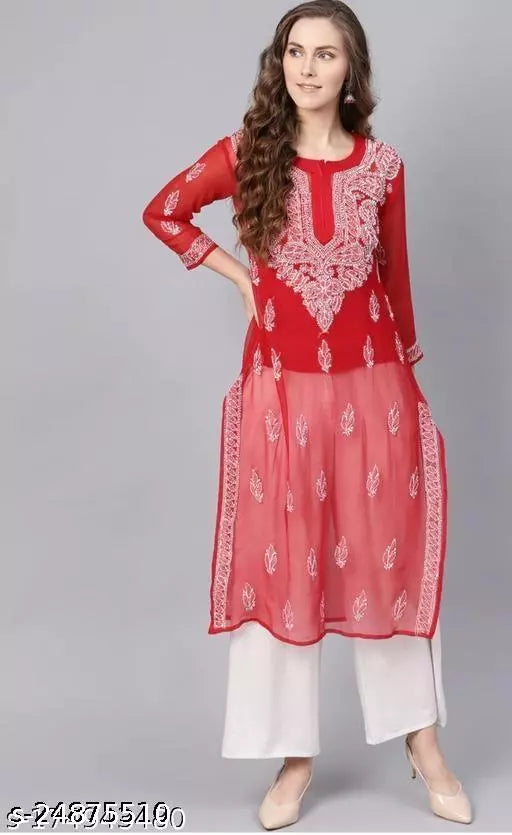 Handwork Embroidered Chikankari Chiffon Long Red kurti with innfer.