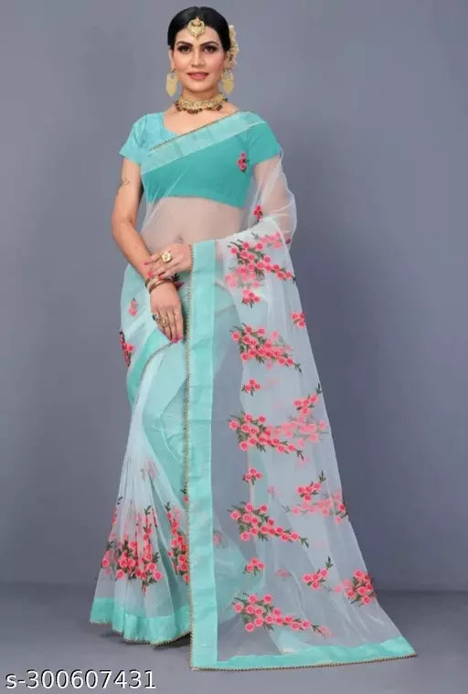 New Fancy Flower Net sarees with unstiched Blouse pieces With Moti work Aqua Blue Colour
