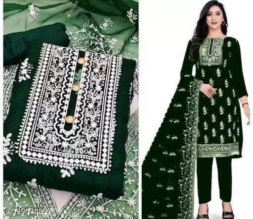 Women's Designer Chainstich Embroidered Multiwork Double Sequence Green Floral Embroidered Organza Suits & Dress Materials