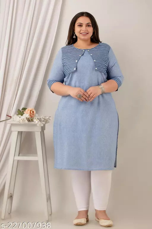Neerupam Collection Dark Blue Cotton Kurti - Straight Jacket Style Kurti 