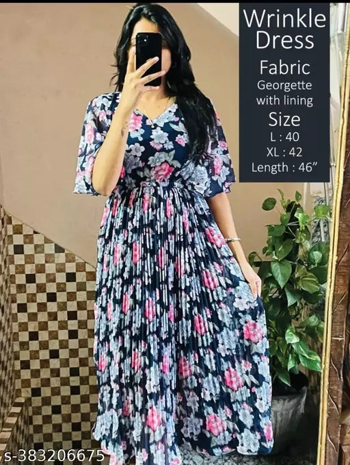 JKP COLLECTION Women's Blue Georgette Floral Printed Fit & Flared V Neck Short Sleeve Western Dress - Colour - Blue