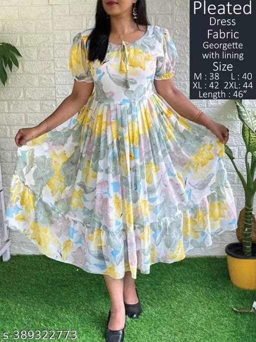 JKP COLLECTION Women & Girl Casual  Floral Print  Half Sleeve  Georgette Fabric New Dress In Color Yellow