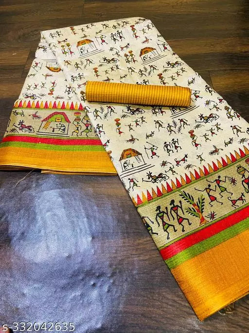 WARLI PRINTED KHADI SILK BLENDED LIGHT WEIGHT COMFERTABLE WEAR DESIGNER SAREE WITH BLOUSE