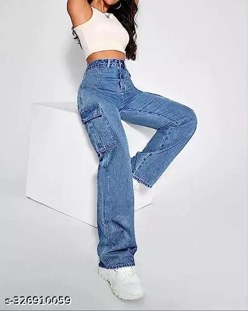 WOMEN LATEST CARGO TROUSERS | SOLID HIGH-RISE CARGO JEANS | 6 POCKET WIDE LEG DENIMS | 80'S ROCKER-CHIC INSPIRED CARGO PANTS | SIT ABOVE | NON-STRETCH FIT WITH A WIDE LEG | SPORTY LOOK LOOSE FIT DENIMS