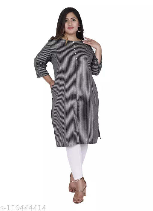 Shritikas Designer Black Stripes Straight Cotton Plus Size Kurti For Women 