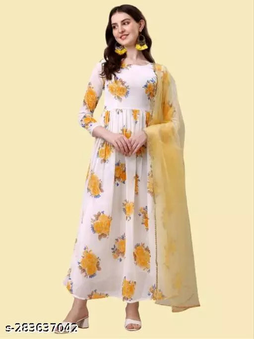 QVAZOR Stylish Fancy Trendy Printed Georgette Gown For Women For Party Wedding Festival Functions