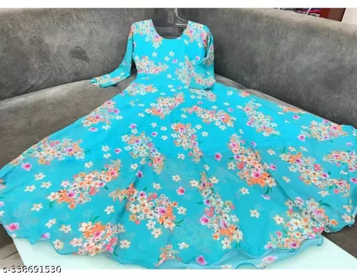 QVAZOR Stylish Fancy Trendy Printed Georgette Gown For Women For Party Wedding Festival Functions