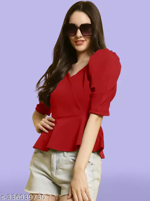 Sweetheart Neck Puff Sleeves Peplum Top (Women Top | Women Tops | Top)
