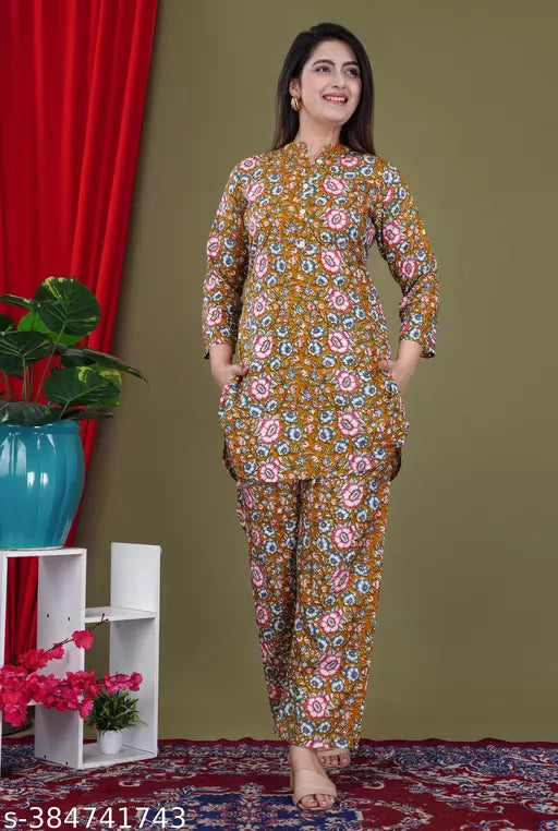 FebQ Womens Designer Print Co-Ord Set Relaxed Fit for Women- Two Piece Co Ord Set Top & Pant 