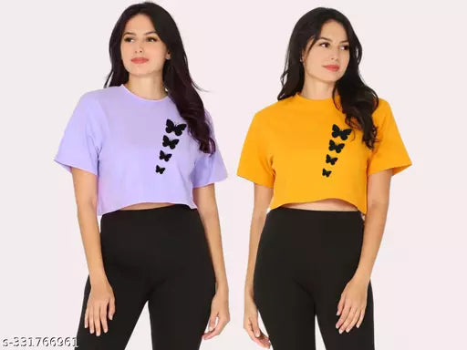 Trendy Feminine Printed Crop Tshirt Round Neck Top For Womens(Pack Of 2)