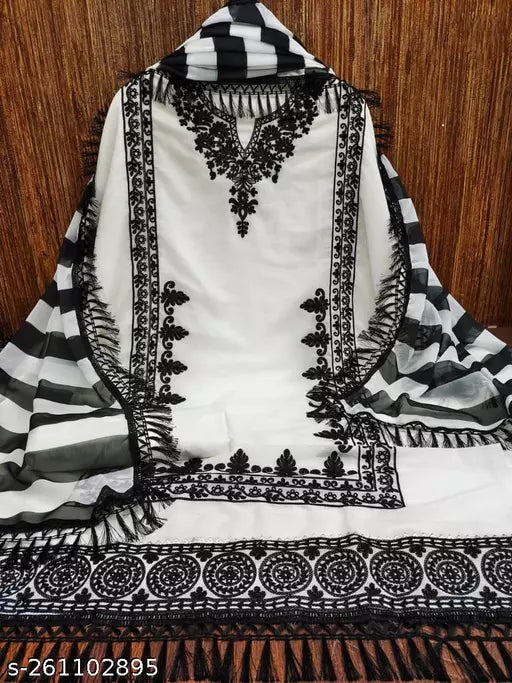 Unstiched Patiala Georgette Suits With Beautifull Chainstich Work White Suit