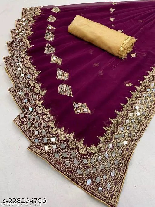 HEAVY KAJU DESIGN EMBROIDERY WORK WITH MIRROR SAREE BY KRADDLE