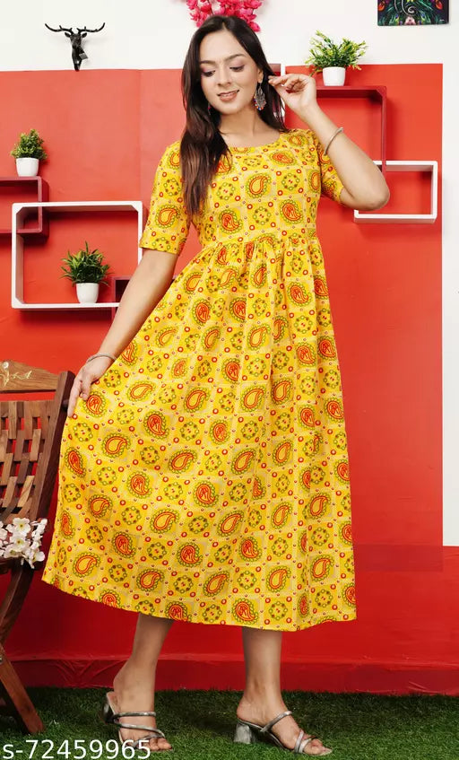 Charvi Fashionable Gold Printed Black Rayon Flared Dresses