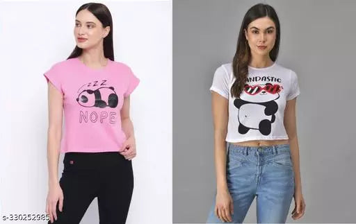 Vivient Women Pink Nope Printed and White Pandastic Printed Crop Top Combo