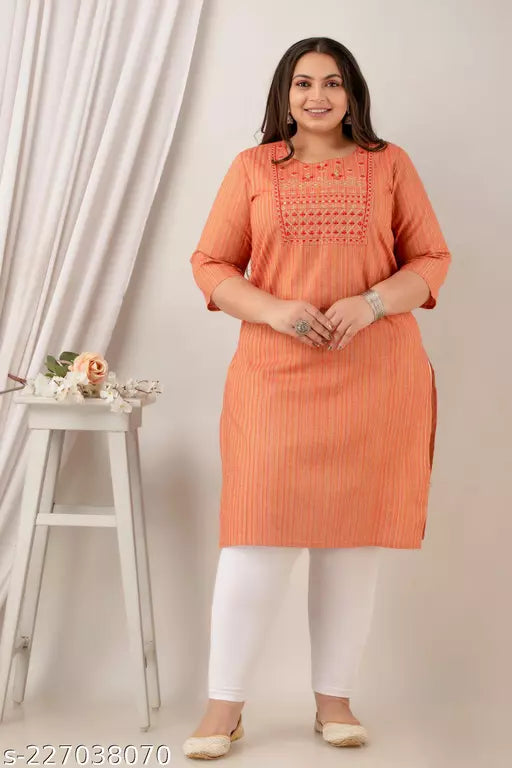 Neerupam Collection Pure Cotton Jari Embroidered Orange Kurti For women - Plus Size Embroidery Kurti 
