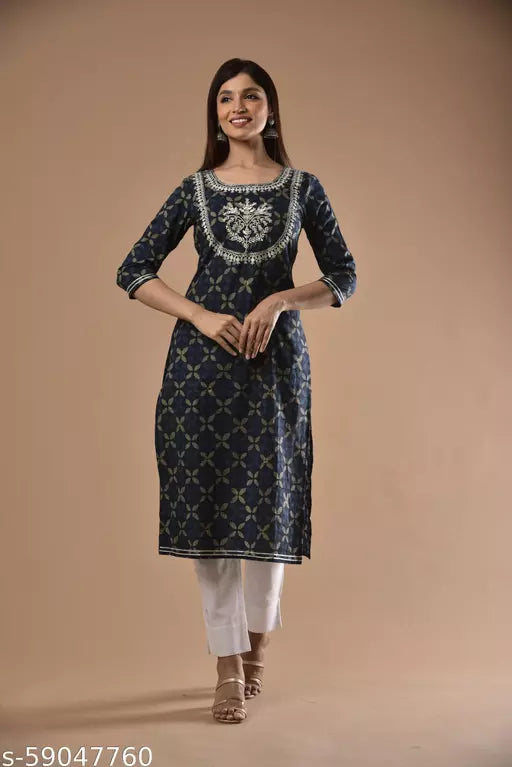 Swasti  Women Floral Print  Printed Pure Cotton Straight Kurta  (Dark Blue)