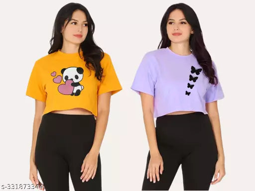 Trendy Feminine Printed Crop Tshirt Round Neck Top For Womens(Pack Of 2)