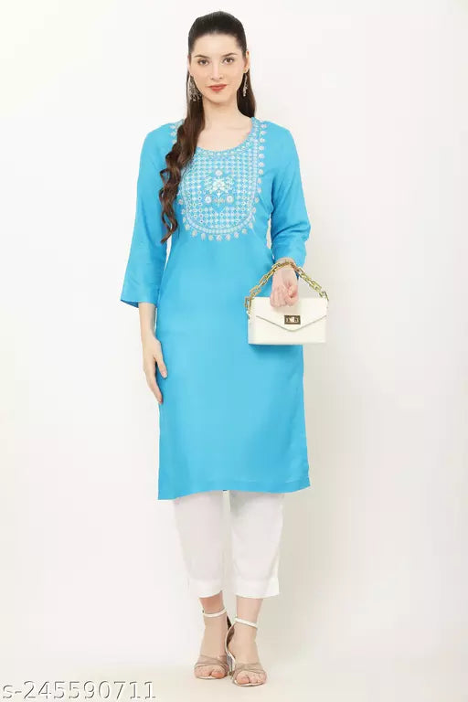 Vivient Women Sky Blue Embroidered Kurti with White Pant