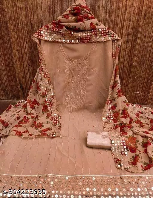 Women's Brown Floral Embroidered Georgette Suits & Dress Materials