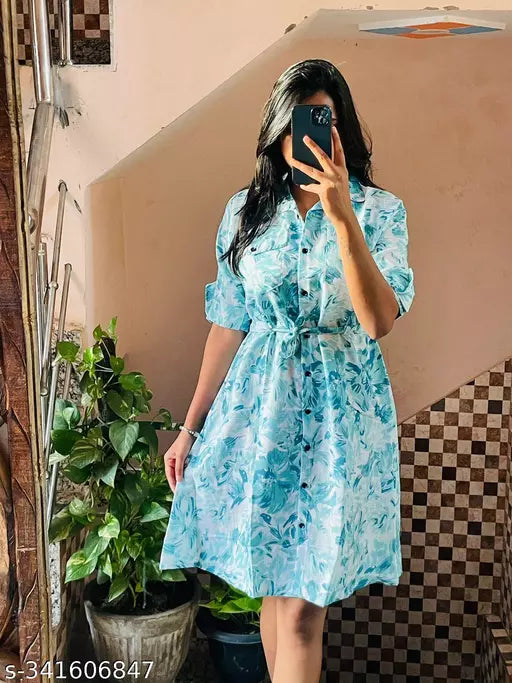 Jkp Collection Womens & Girls A-Line Dress  Casual Wear Printed & Short Sleeve Dress Fabric Cotton In Color Mint Green