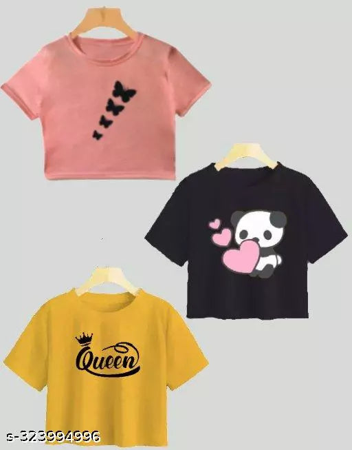 Trendy Feminine Printed Crop Tshirt Round Neck Top For Womens (Combo 3)