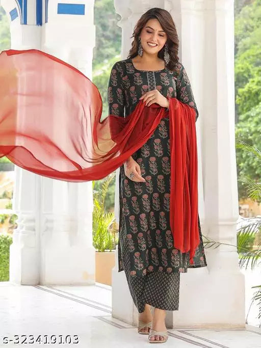 Anni Designer Women's Green Ethnic Motifs Printed Kurta with Palazzo & Dupatta