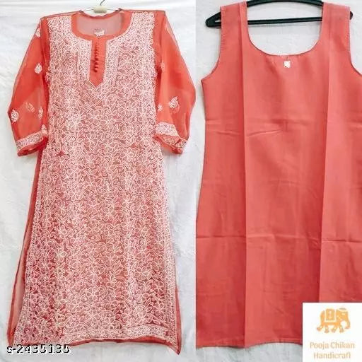 Women Georgette A-line Chikankari Orange Kurti