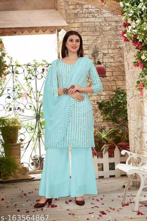 Women's Faux Georgette Sequence Embroidery Work Unstitched Top With Full Stitched Sharara and dupatta