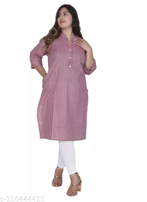Shritikas Designer Pink Stripes Straight Cotton Plus Size Kurti For Women 