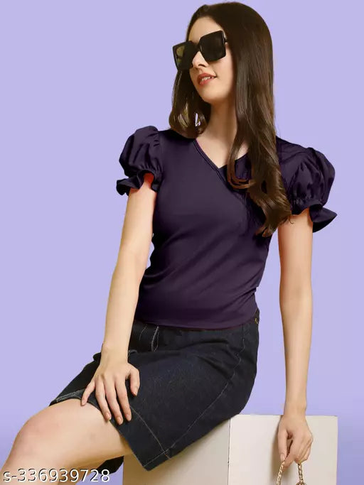 Women Burgundy  Solid Puff Sleeve Wrap Top (Women Top | Women Tops | Top)