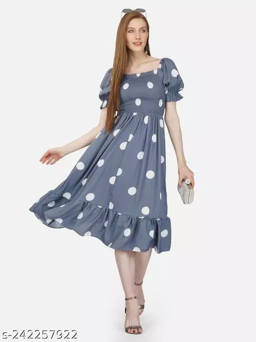 Bell Sleeves Polka Printed Smocking Dresses For Women